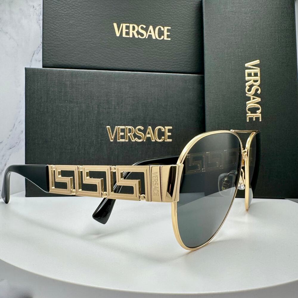 New VERSACE Sunglasses Gold Aviator Pilot Metal Greca Logo Black